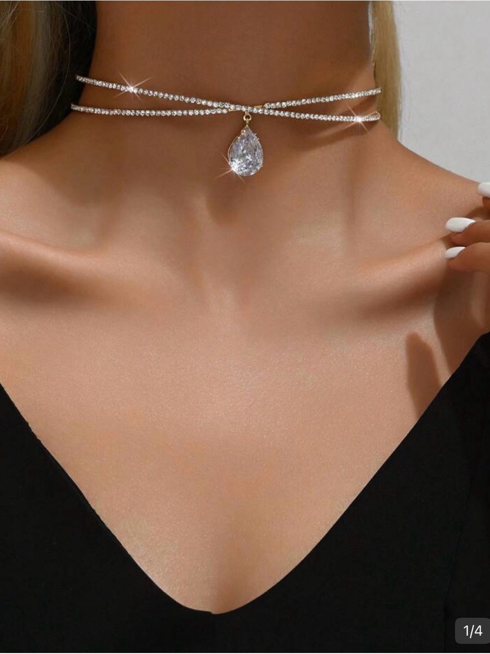 Elegant Gold & Clear Crystal Teardrop Double Strand Choker Necklace